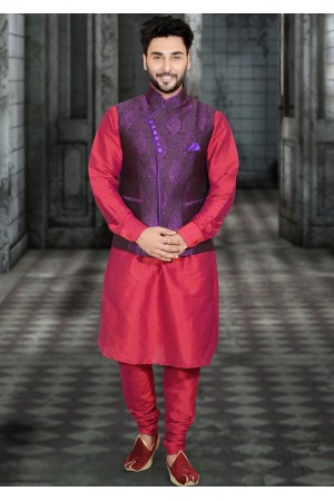 RED AND PURPLE MENS KURTA JACKET SET